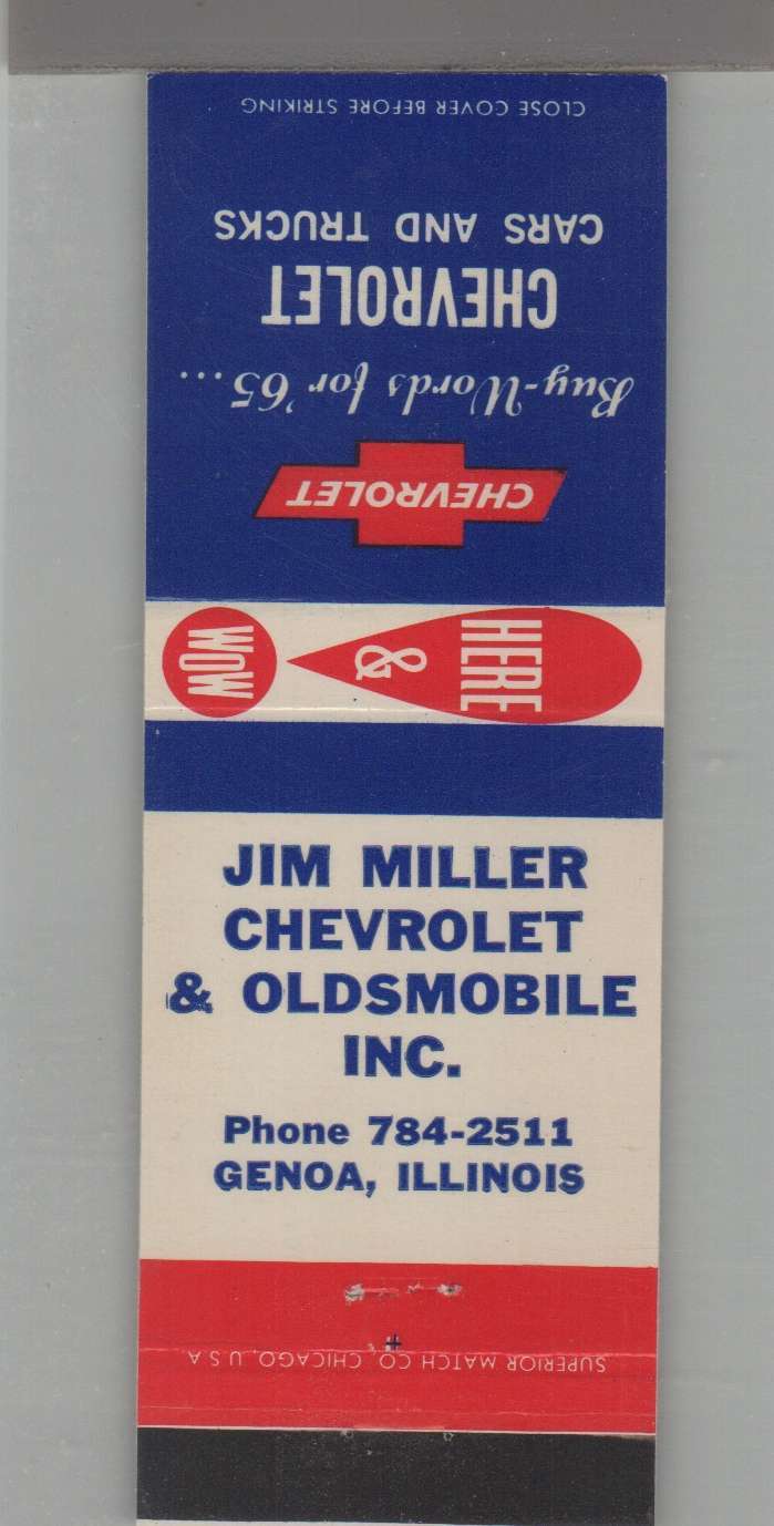 Matchbook Cover - 1965 Chevrolet Dealer - Jim Miller Chevrolet & Olds Genoa, IL