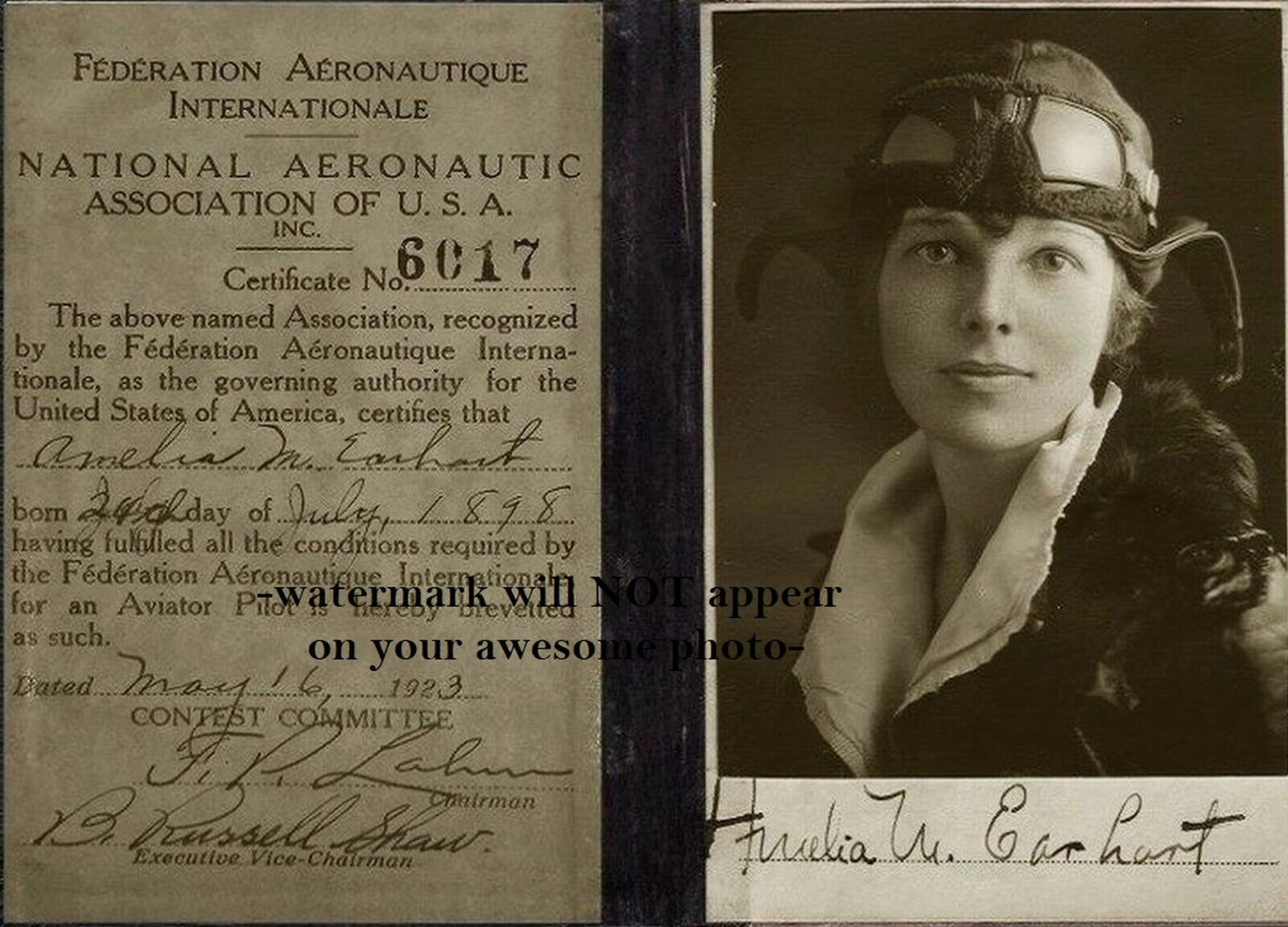 1923 Amelia Earhart Pilot's License PHOTO,No Joke Autograph  / Signature Shown