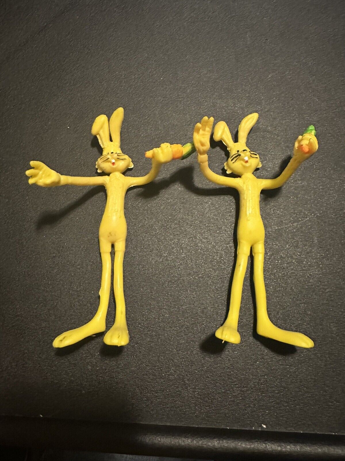 2 Vintage Yellow Bendy Bunnies W Carrot Bendable Wire & Rubber Bunny Rabbit Toys