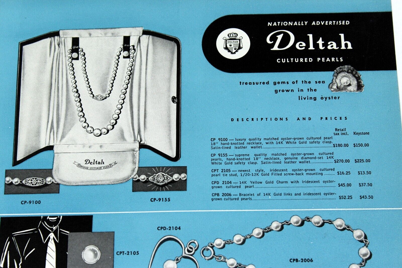 Vintage 1952 DELTAH Cultured Pearls Print Ad in Color with Prices