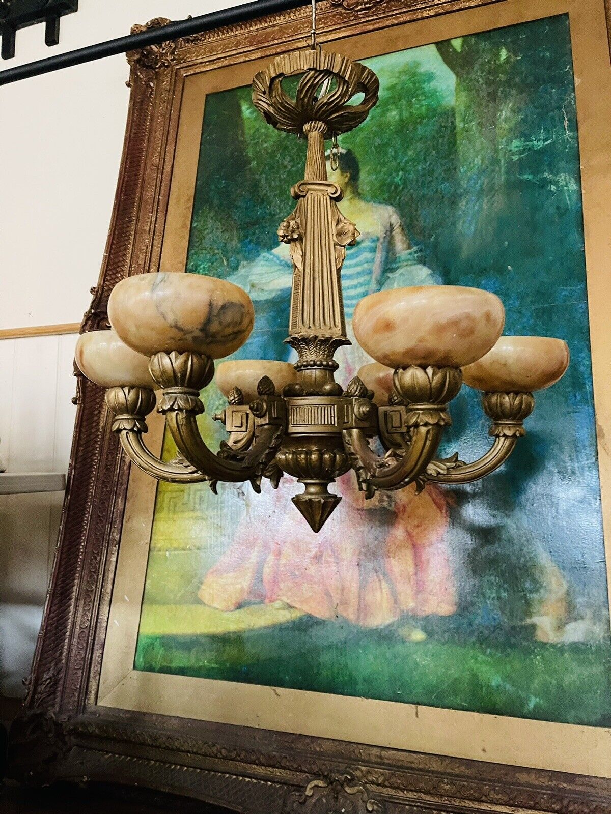 Antique Italian Neo-Classical Giltwood & Alabaster Chandelier, 6 Arm