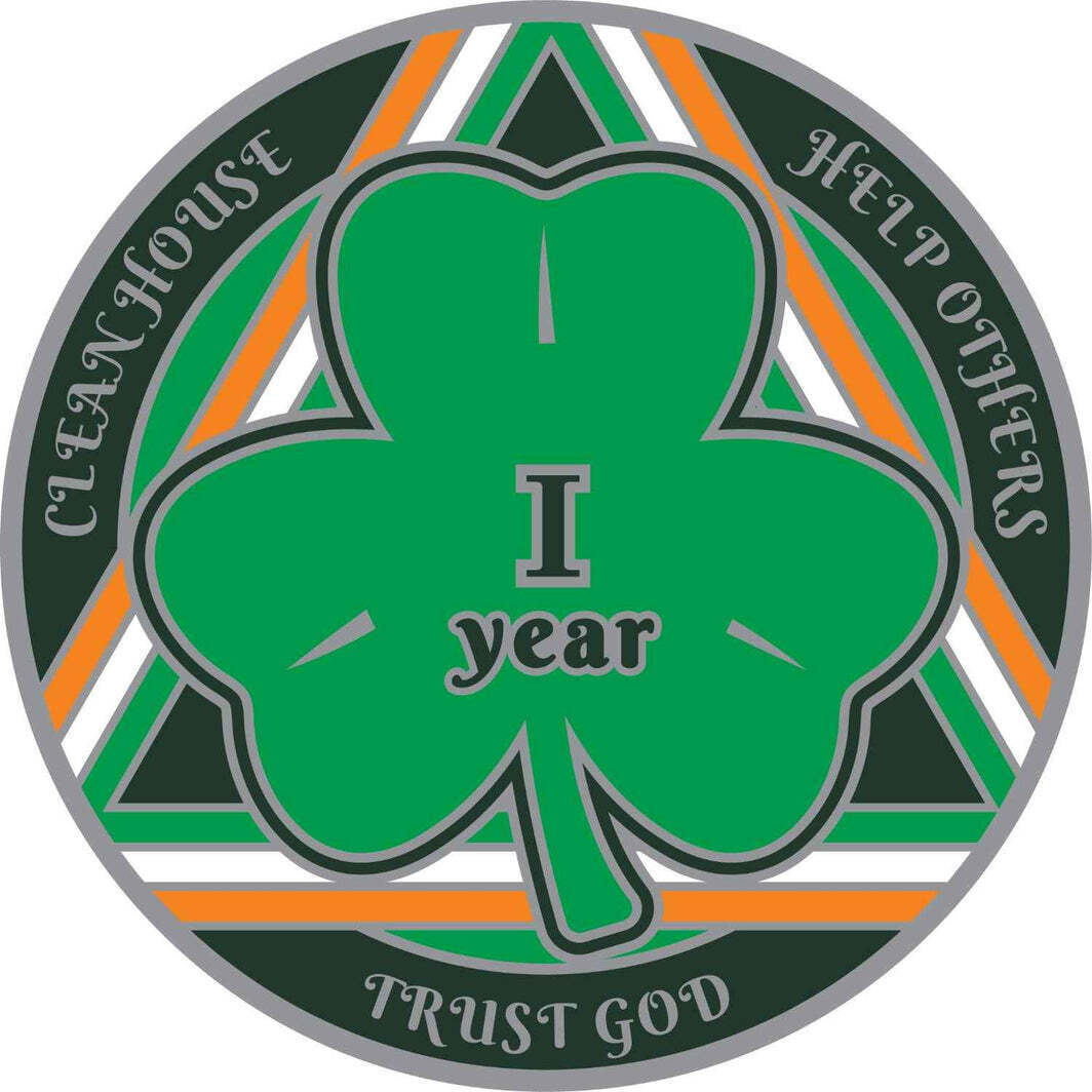 Green Shamrock Recovery Medallion - years 1-50 Serenity Prayer in Gaelic on rear