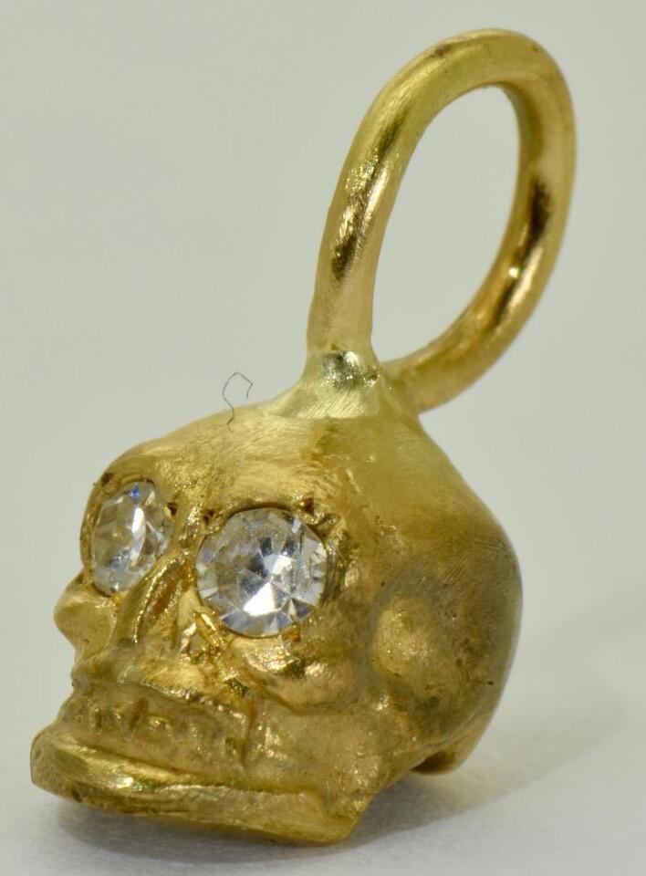 Antique Skull Charm Pendant Fob English Victorian 14k Solid Gold Diamonds