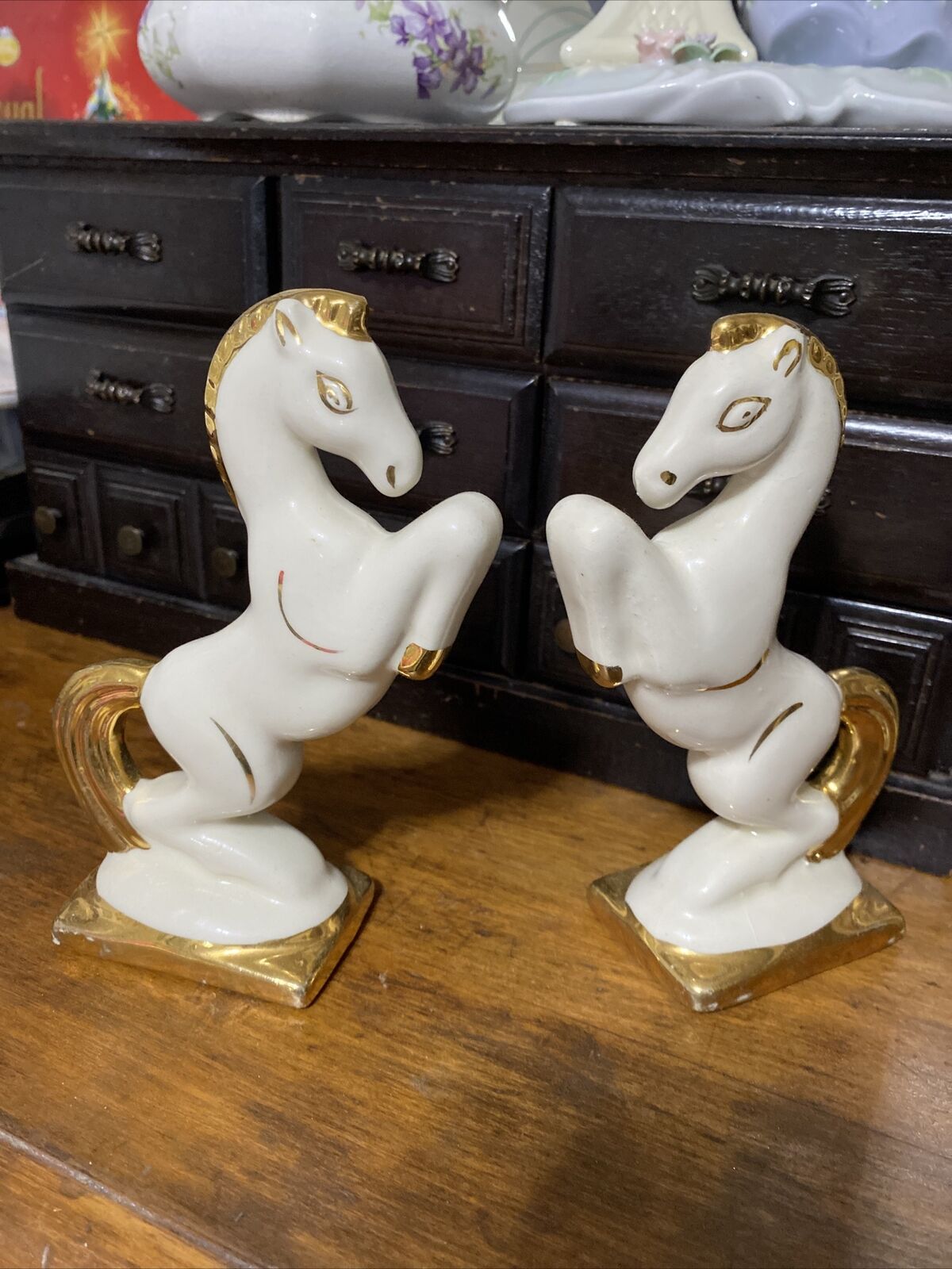 Art Deco Rearing Horse Ceramic Statue White Gold Crackle Glaze 6 3/8” tall. Pair