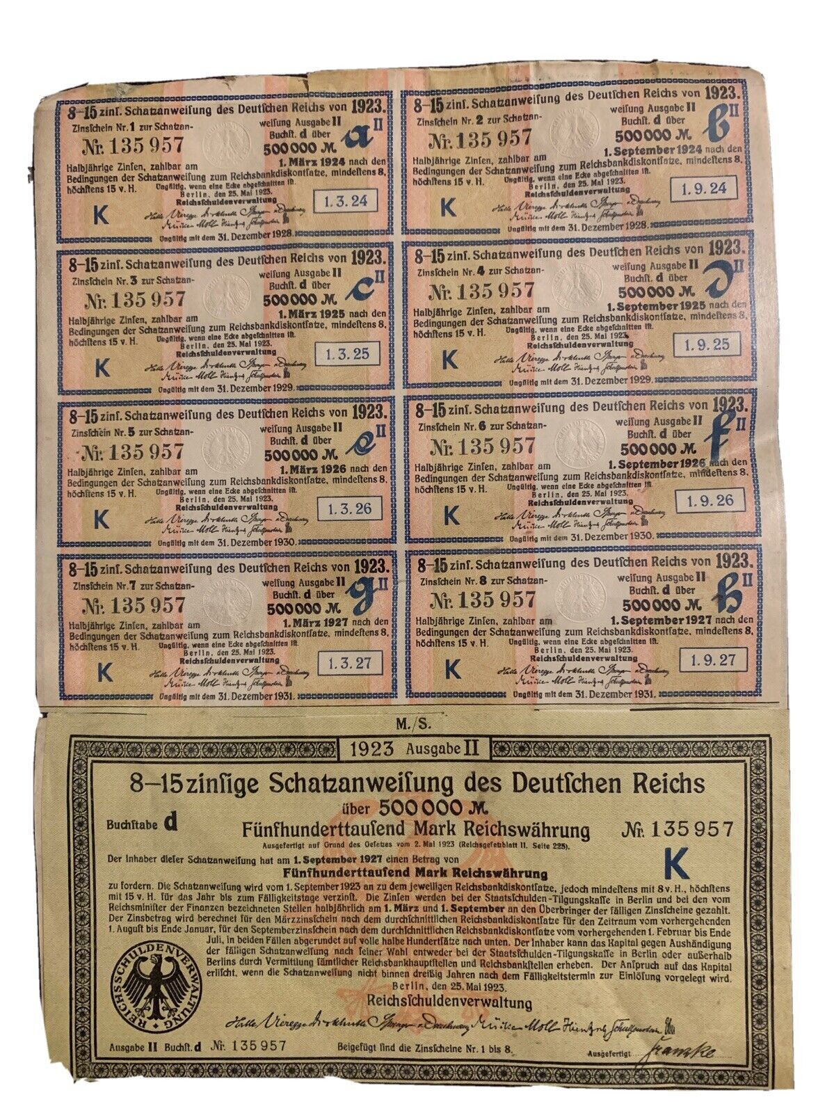 (All 4) GERMANY German 8-15% Treasury Bond 500,000 Marks 1924 with coupons