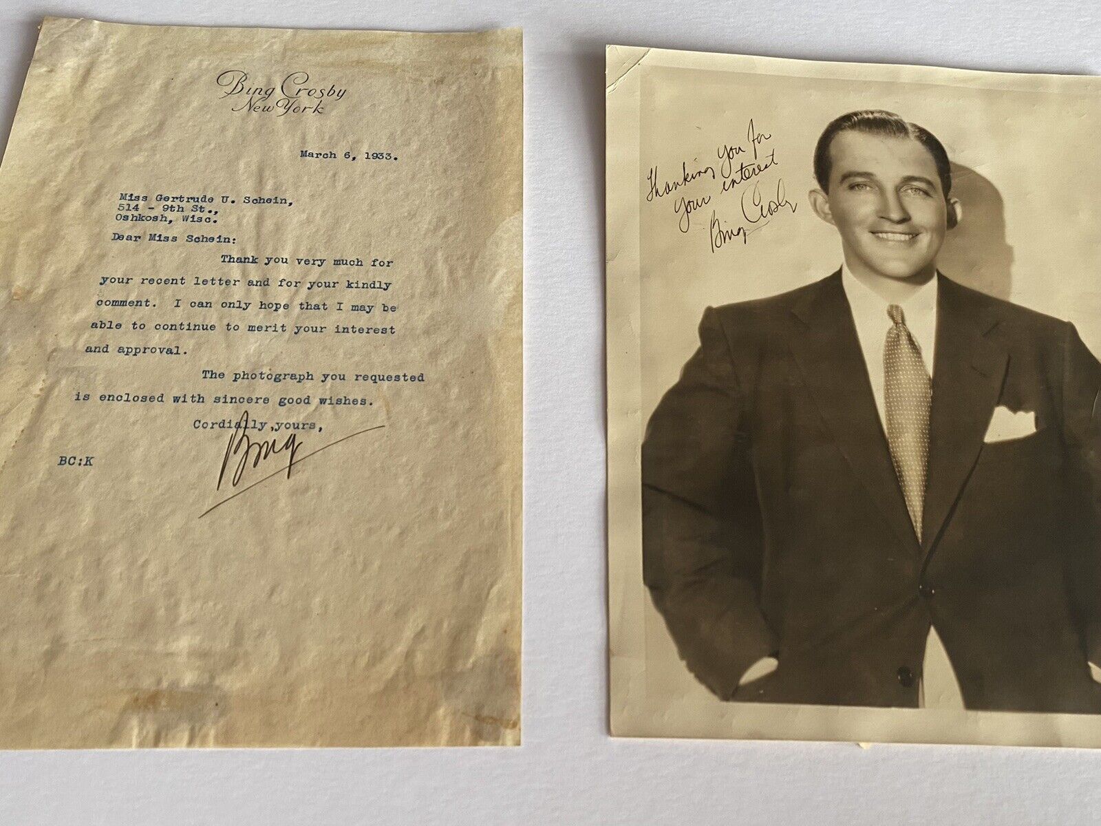 Rare Vintage Bing Crosby Autographed Picture And Letter
