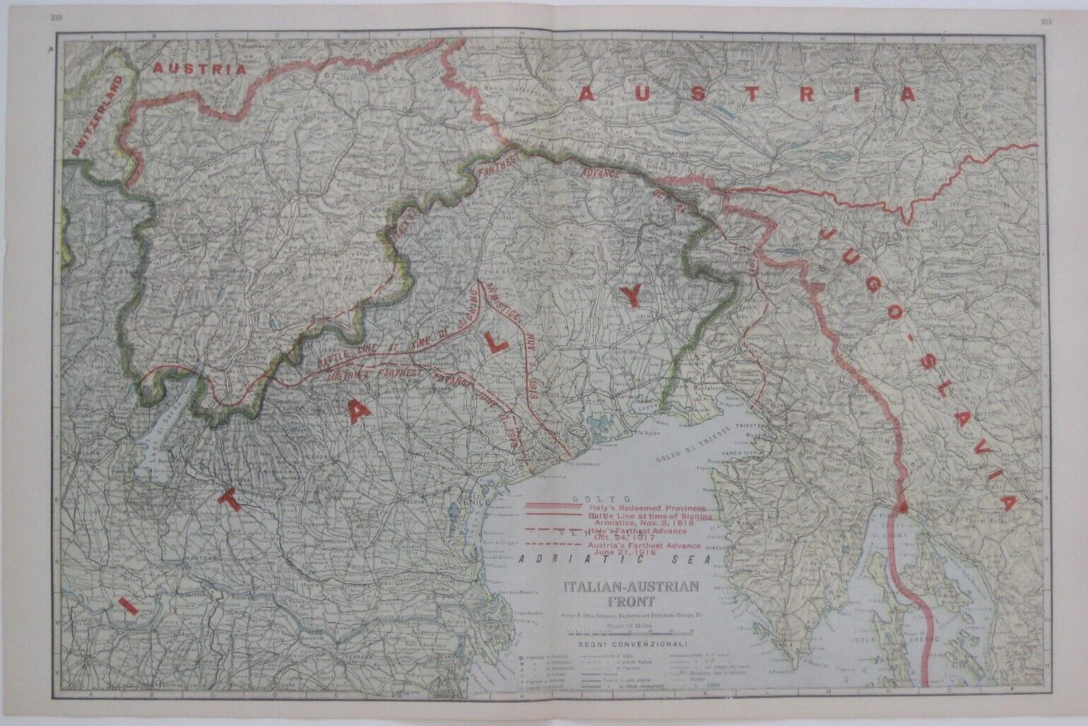 Original WW1 Map ITALIAN-AUSTRIAN FRONT Battle Lines Roads Railways Cities Towns