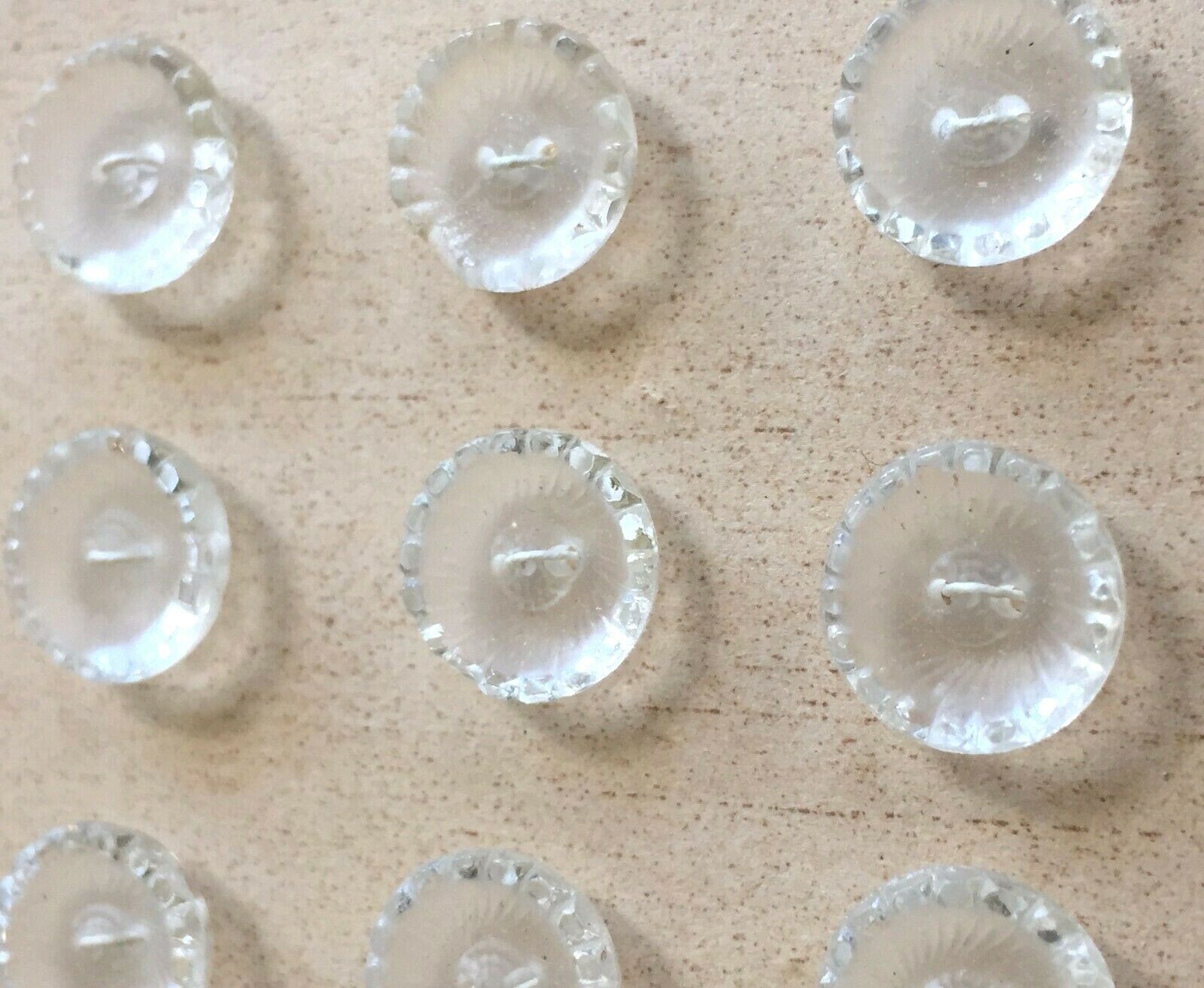 Vintage Glass Buttons - 9 Small Clear Glass Beveled 2-hole Buttons - Czech Rep.