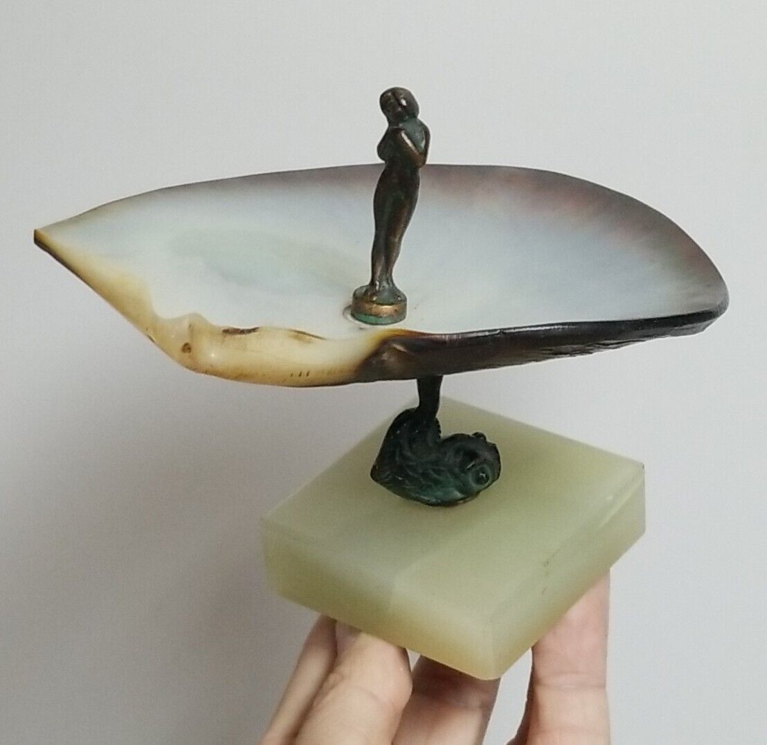 Antique Bronze and Mother of Pearl Shell with Nymph & Fish Ring Dish Stone Base