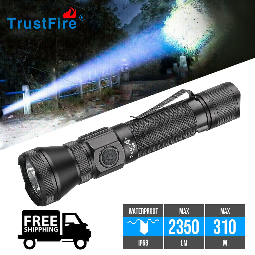 Trustfire T15R 2350LM Led Tactical Flashlight TypeC Torch IP68 310m Range Lamp 