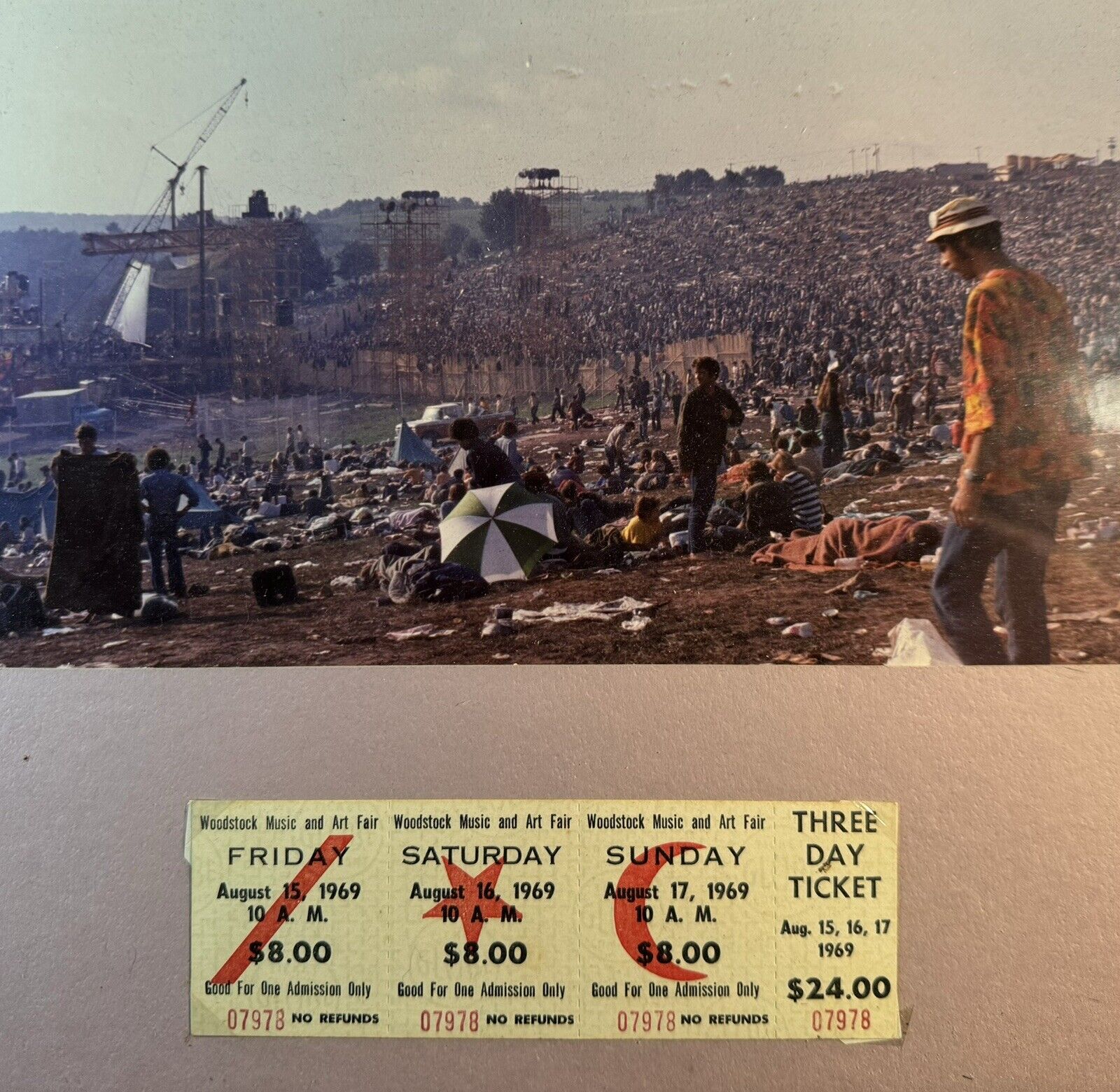 WOODSTOCK (ORIGINAL VINTAGE 3 Day 1969 TICKET) & ICON CROWD PHOTO In Frame.