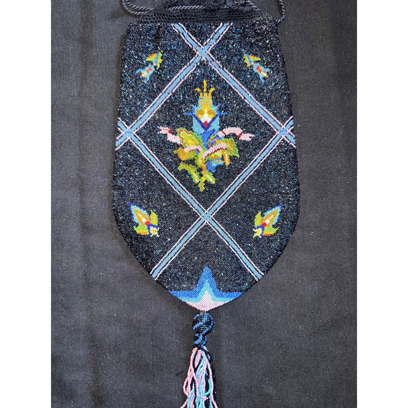 Antique Victorian handmade multicolor glass beads beaded drawstring purse bag