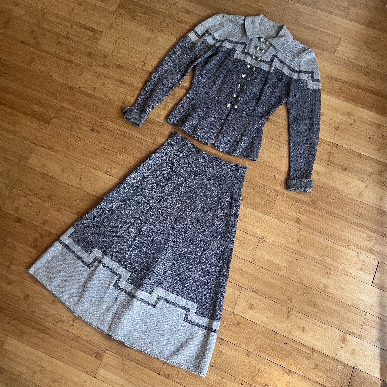 Vintage 1930s 1940s Grey Sparkle Knit Dress Set Art Deco Metal Toggle Buttons