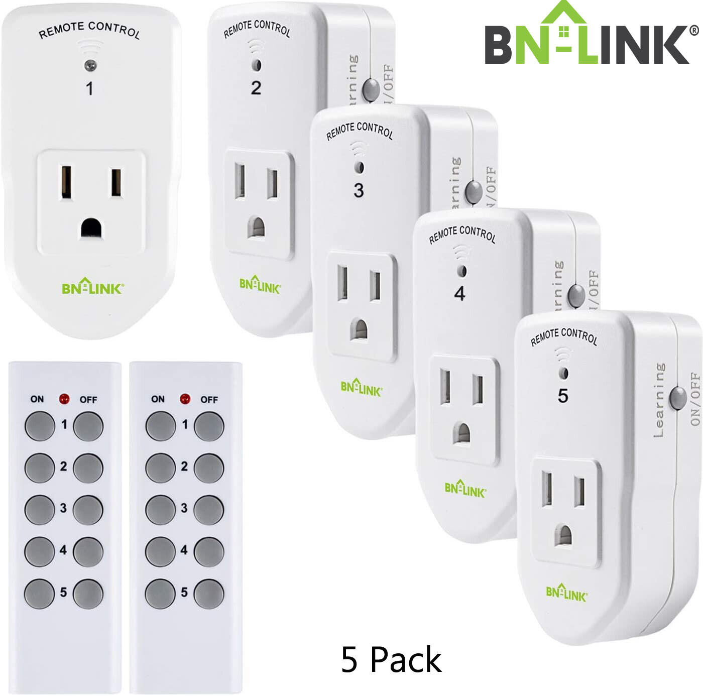 BN-LINK 5 Pack Wireless Remote Control Outlet Switch Power Plug In for lights
