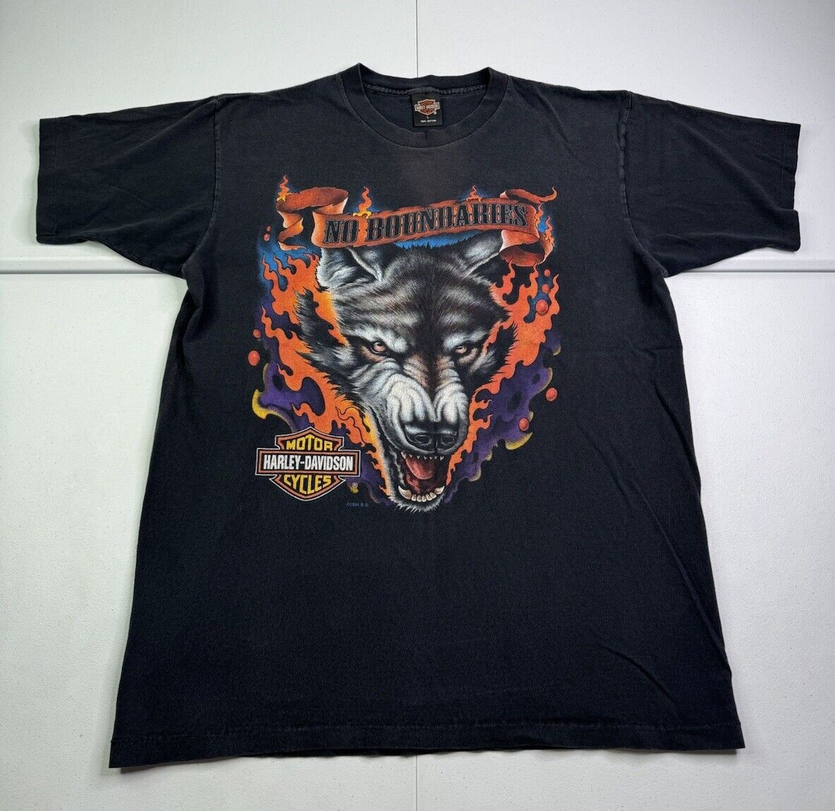 Vtg Harley Davidson Wolf Flames Single Stitch T-Shirt Black San Diego USA Made L
