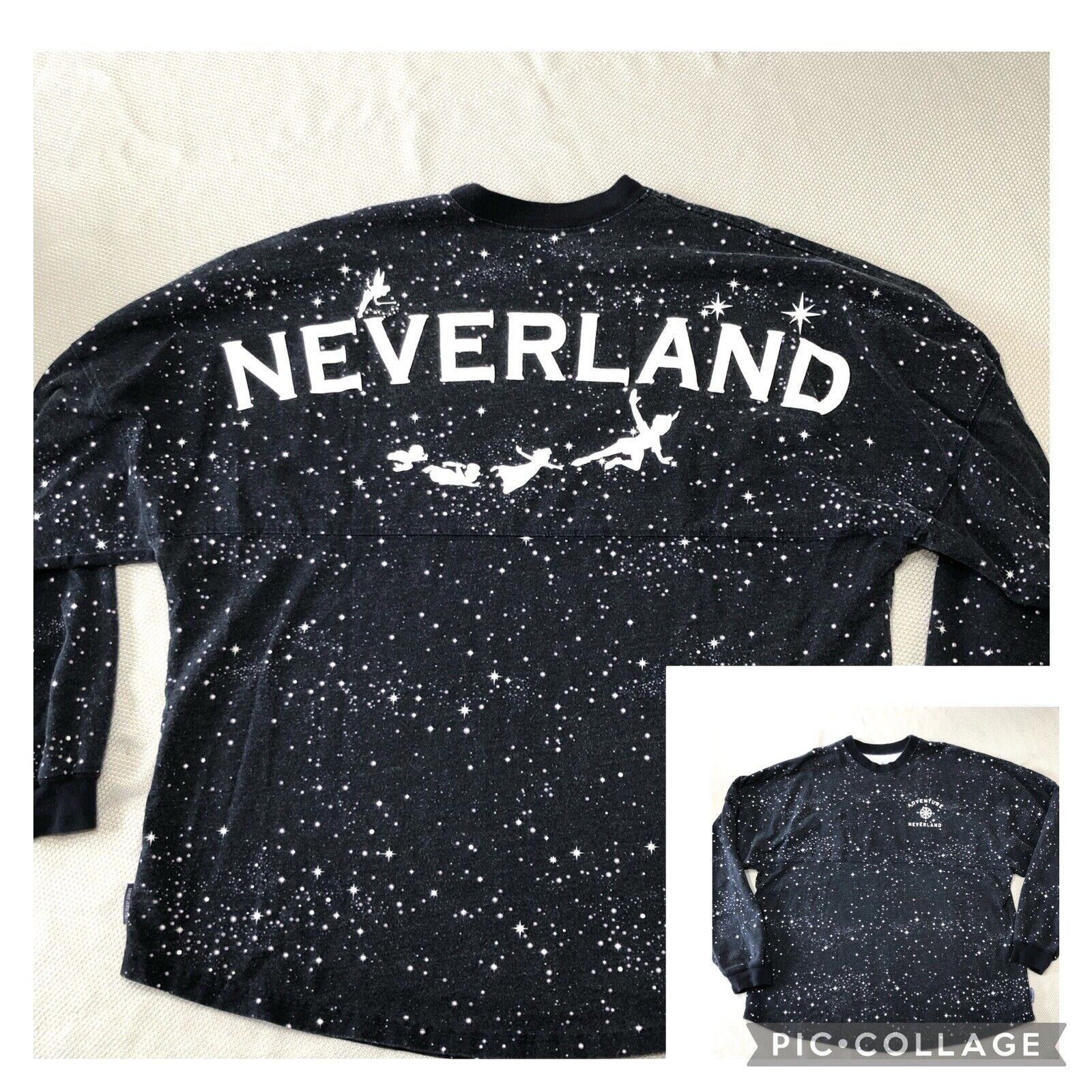 DISNEY Spirit Jersey Large Neverland Peter Pan Tinkerbell Midnight Blue Stars