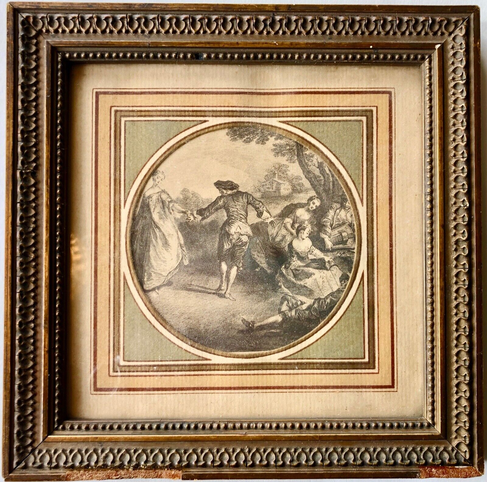 Framed French Late 1800s Engraving of a Romantic Scene in a Garden