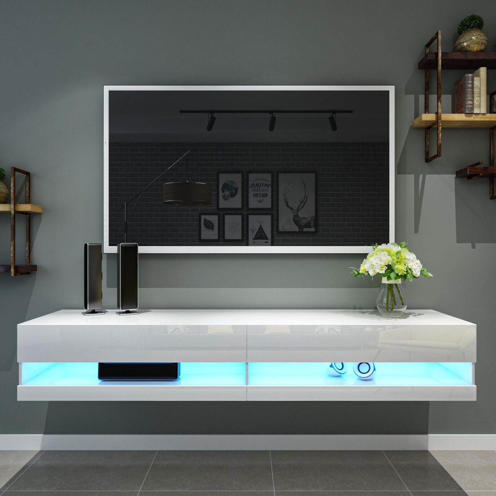 Floating LED TV Stand Wall Mounted Modern High Gloss TV Stand with Storage