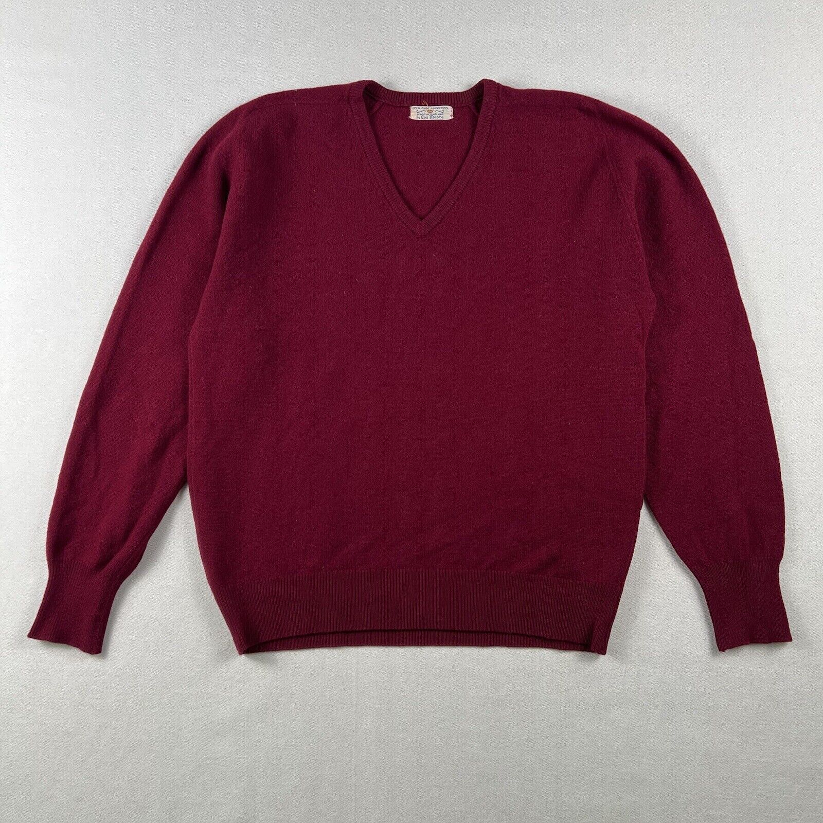 Vintage 60s Cox Moore Sweater Men’s Large Red Lambs Wool V Neck Long Sleeve