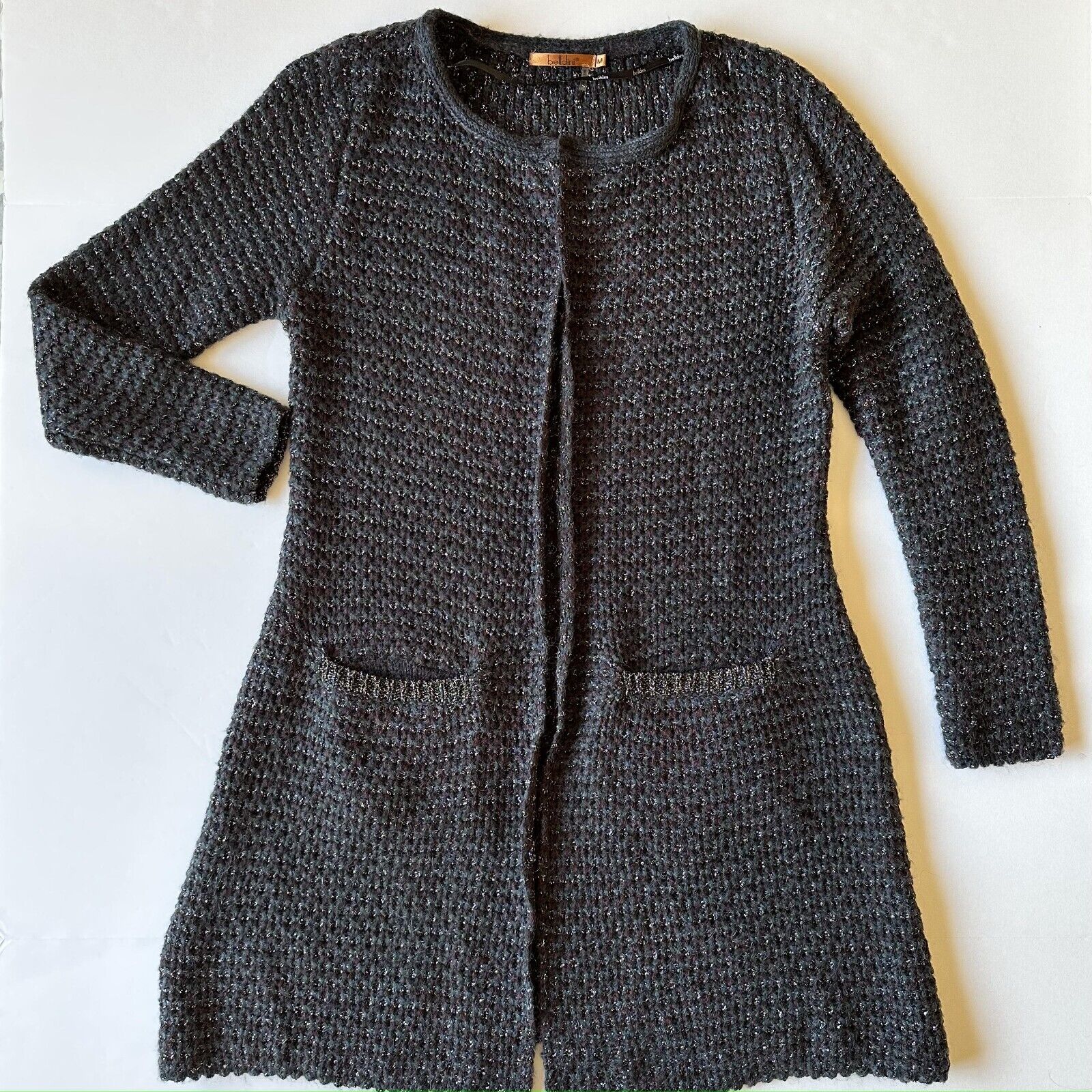 Belldini Women Open Cardigan Jacket Black Long Sleeve Sweater Pocket Size M Knit
