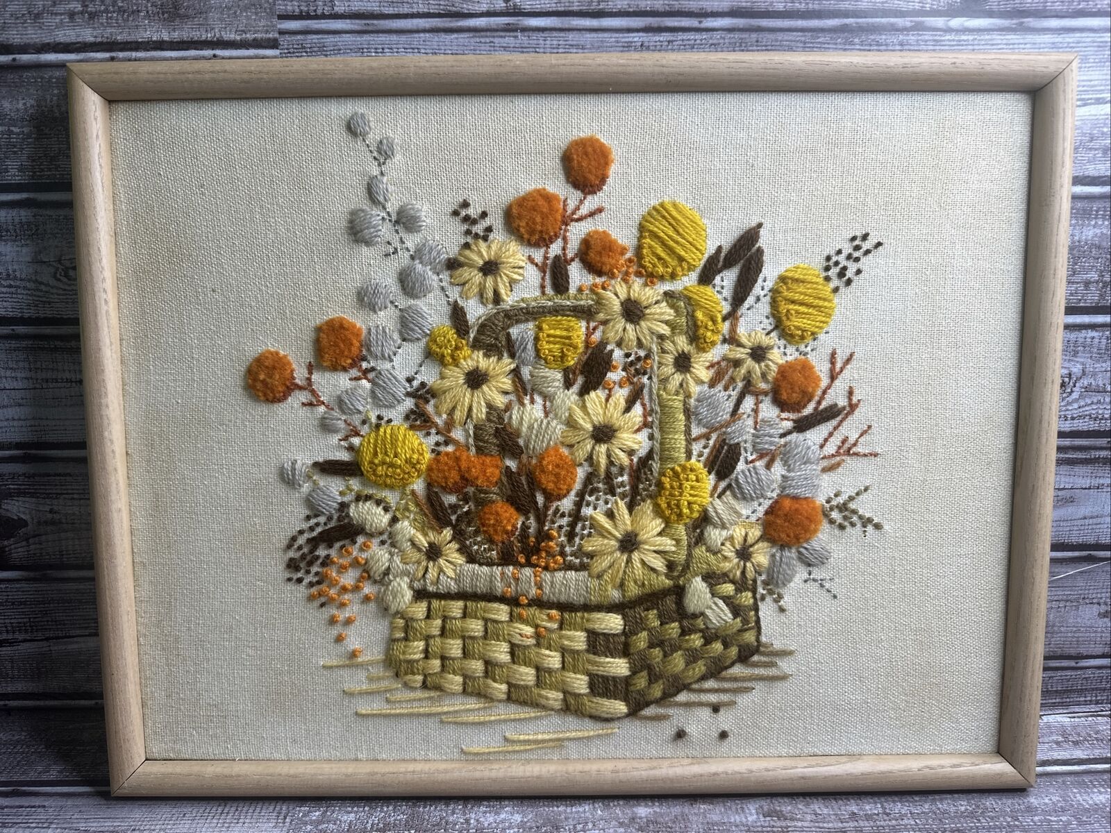 Vtg 1970s Crewel Embroidery Art Mcm Orange Basket Bouquet Gold Yellow Flowers