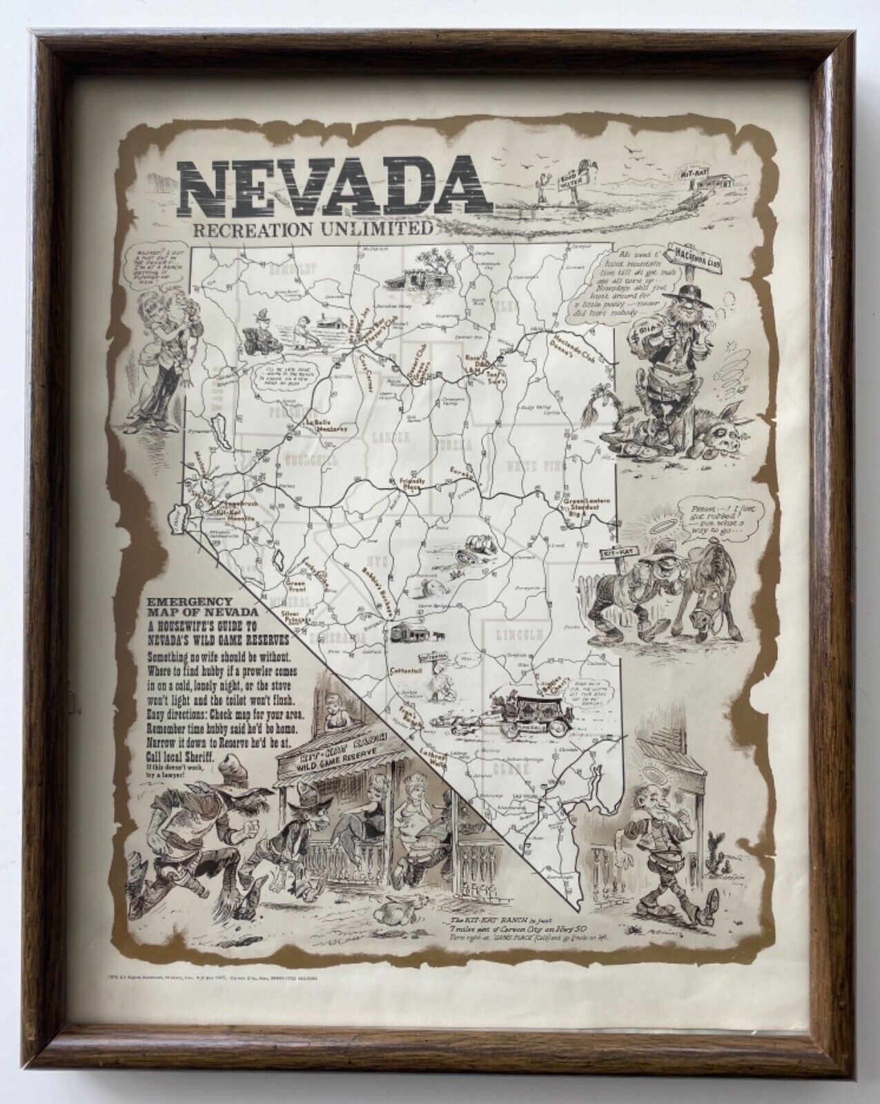 Vintage NEVADA RECREATION UNLIMITED 1975 Framed Brothel Map Print Kit-Kat Ranch