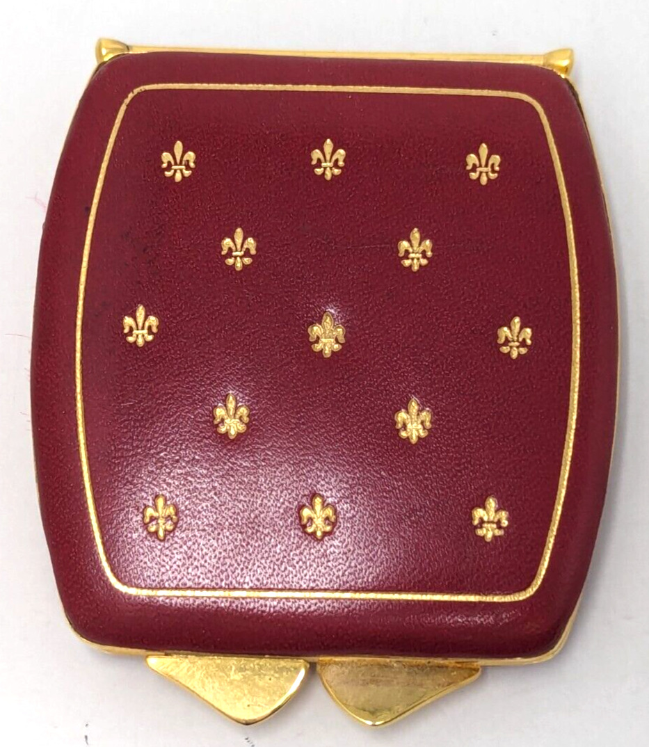 Vintage Red Leather Fleur De Lis Mirror Make Up Powder Puff Compact Italy A24