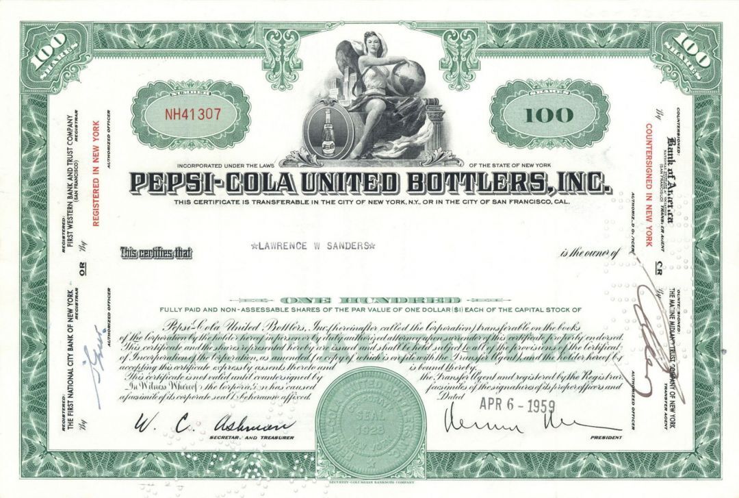 Pepsi-Cola United Bottlers, Inc - 1950\'s-60\'s dated Stock Certificate - Famous S