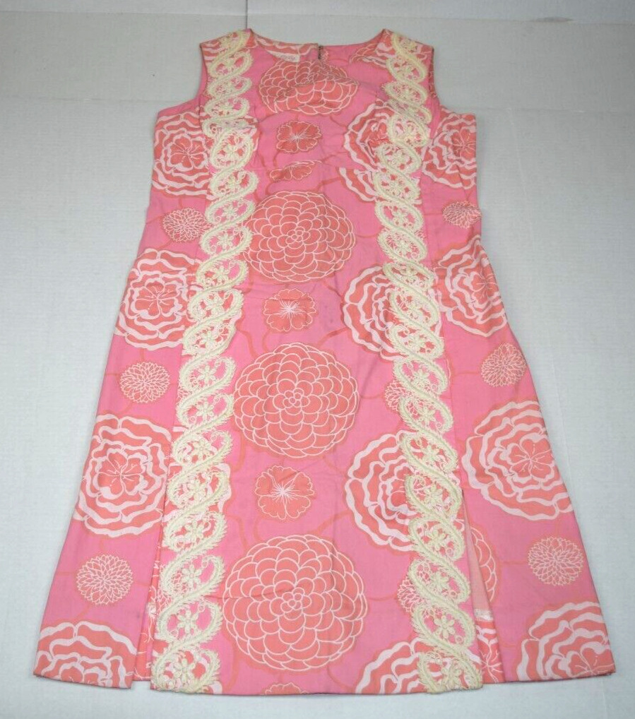 Lilly Pulitzer Dress VTG 60s Pink Shift Big Dalia Floral Full Lace Swirls Sz M/L