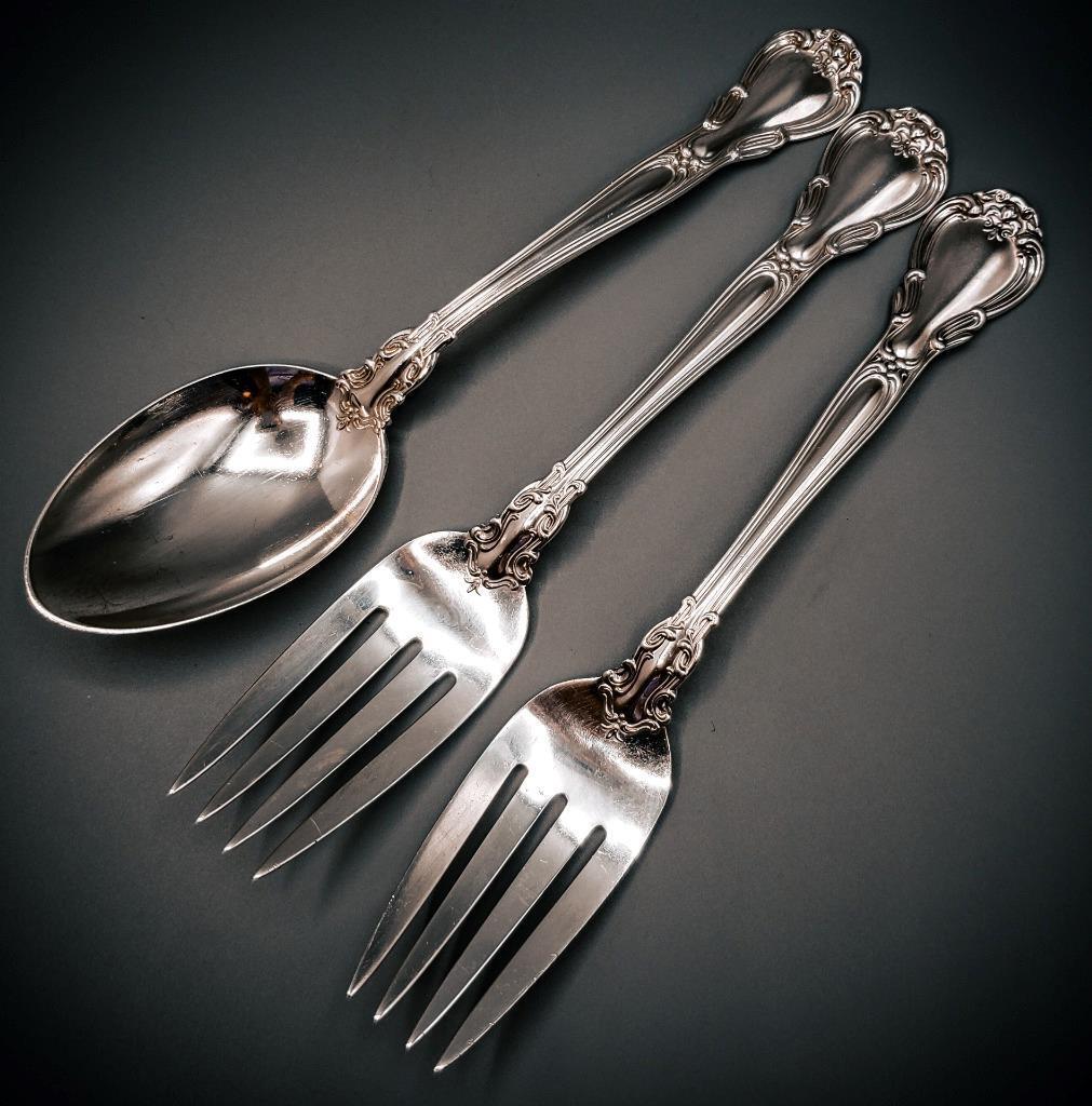 Lot 3 Gorham Chantilly 8 ½” Sterling Serving Pieces Meat Forks Veggie Spoon