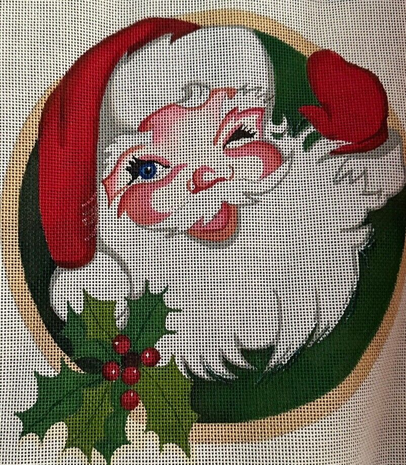 Santa Claus Face Needlepoint Canvas Handpainted Christmas 9x9in 14 mesh