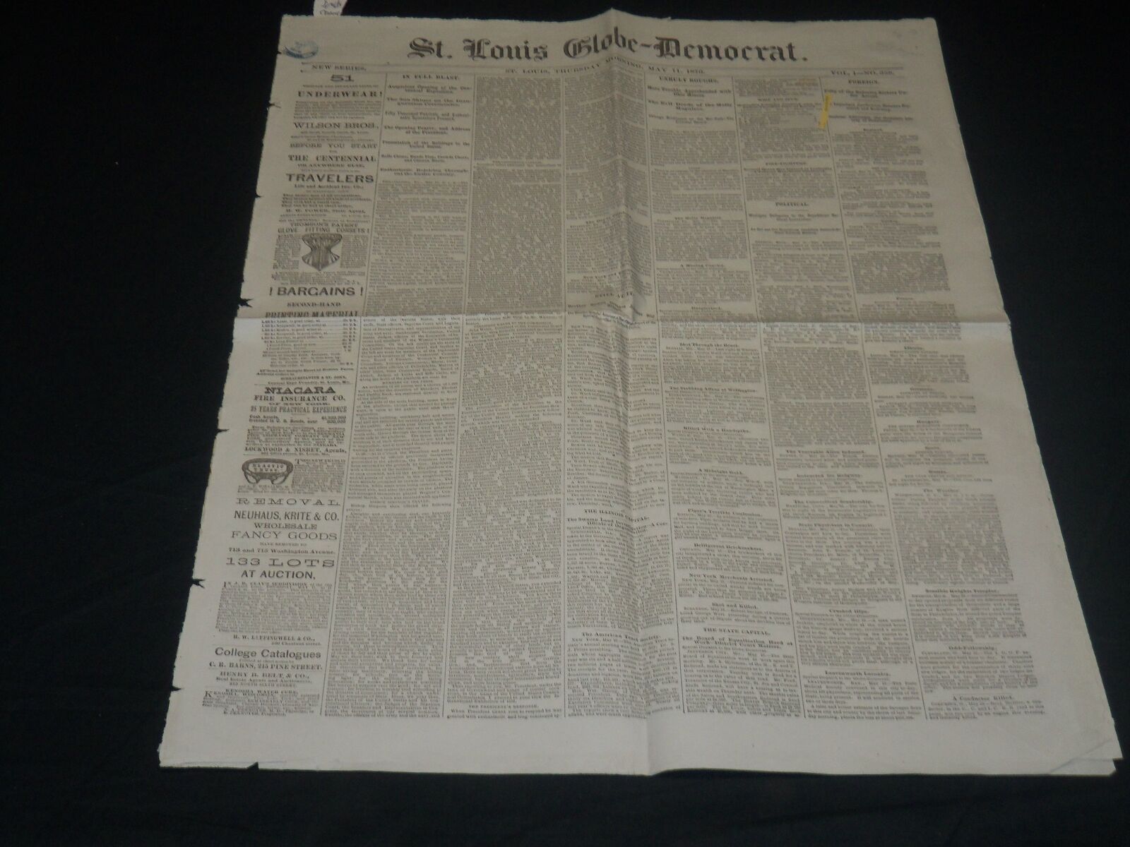 1876 MAY 11 ST. LOUIS GLOBE DEMOCRAT NEWSPAPER - CENTENNIAL EXPOSITION - NP 4825