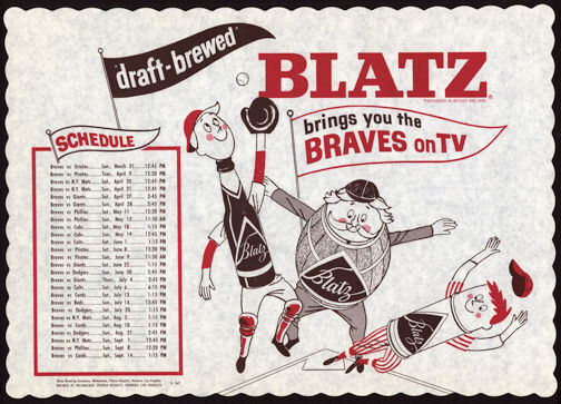 Blatz Beer Advertising Paper Placemat with the 1963 Milwaukee Braves TV Schedule