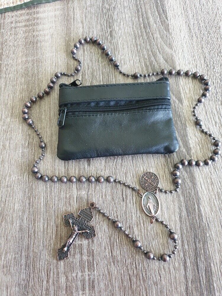 Antique Copper WW1 Combat Rosary with Black Sheepskin pouch