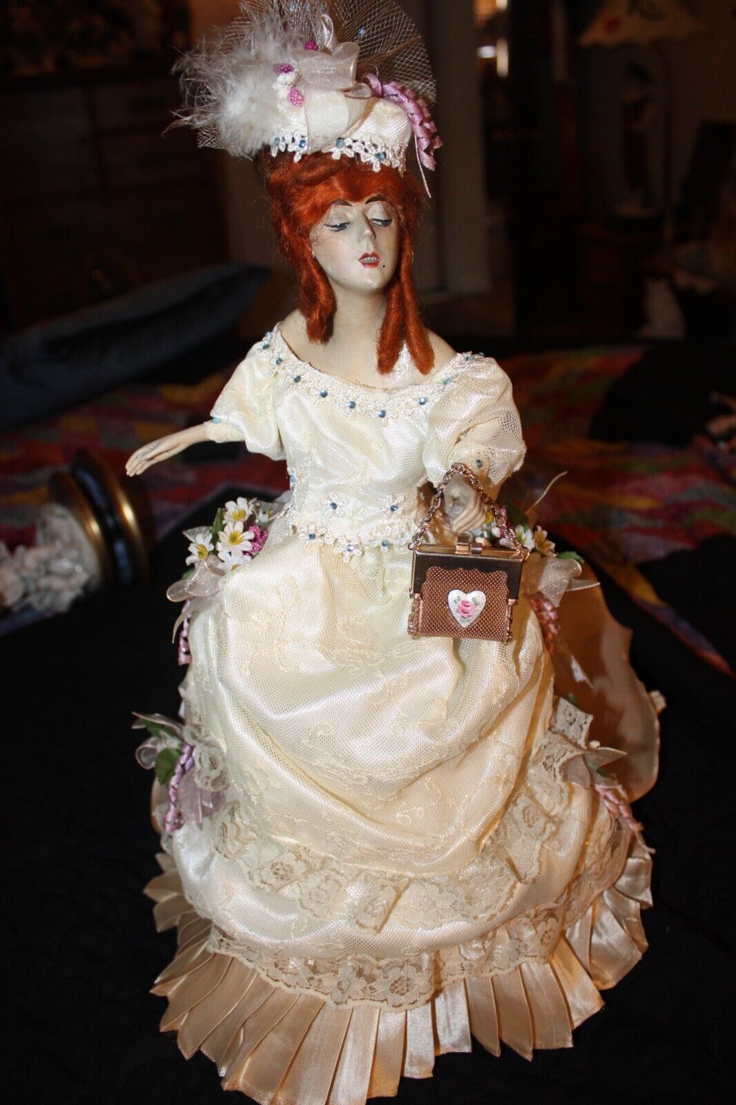 OOAK Victorian Artist Doll with Red Hair Dressed in an Elaborate Golden Ensemble