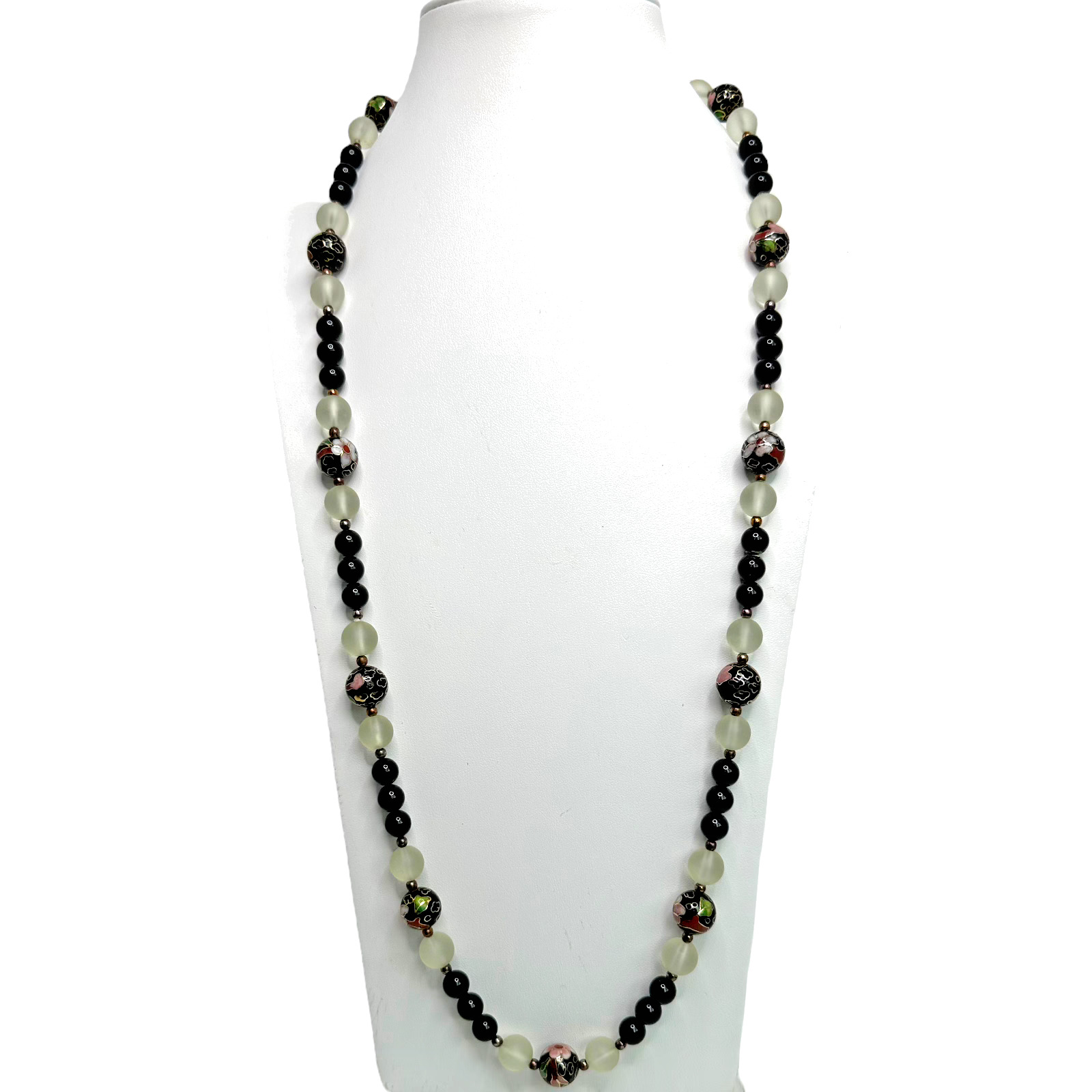 Vintage Onyx Cloisonné Fluorite Hand Knotted Beaded Necklace 28\