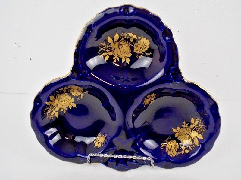Cobalt Blue Old Foley James Kent Gold Accent 3 Compartment Dish Staffordshire  