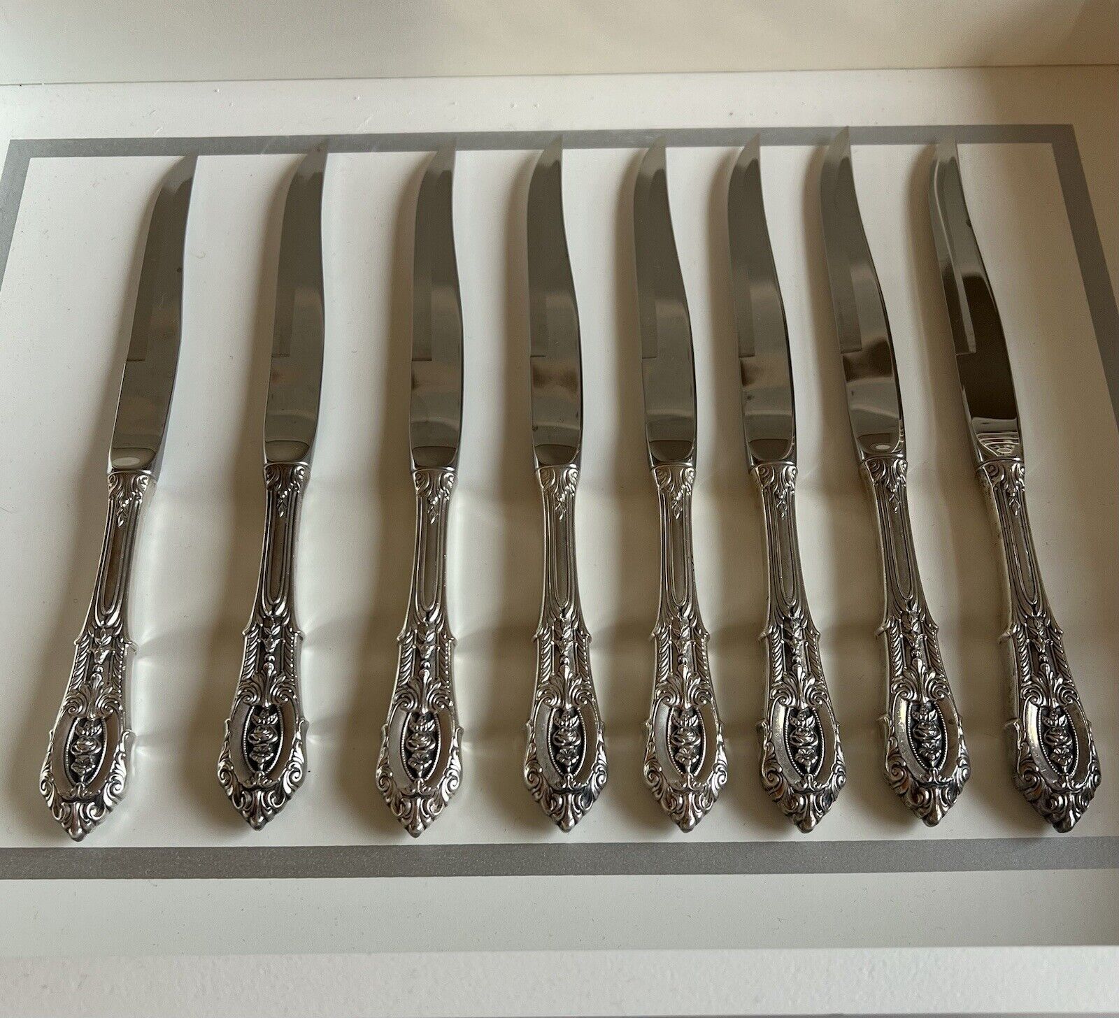 Rose Point by Wallace Sterling Silver set of 8 Steak Knives 8 7/8\
