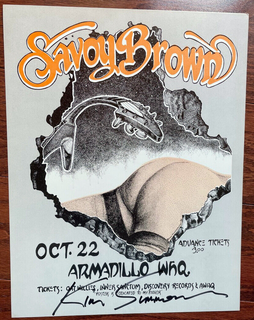 1975 KEN FEATHERSTON SIGNED SAVOY BROWN GUITAR BUTT ARMADILLO CONCERT POSTER