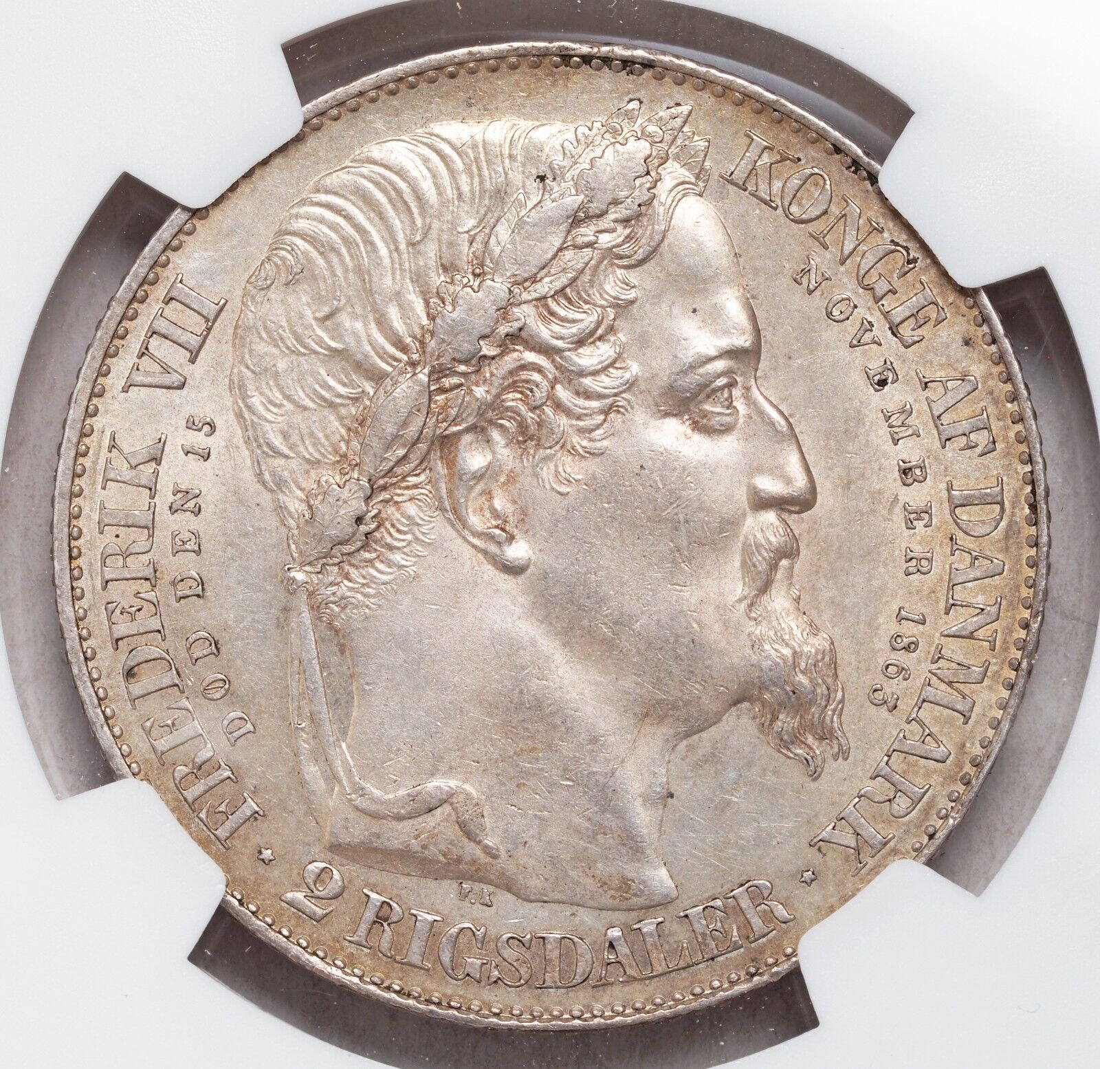 1863, Denmark, Frederick VII/Christian IX. Silver 2 Rigsdaler Coin. NGC AU-58