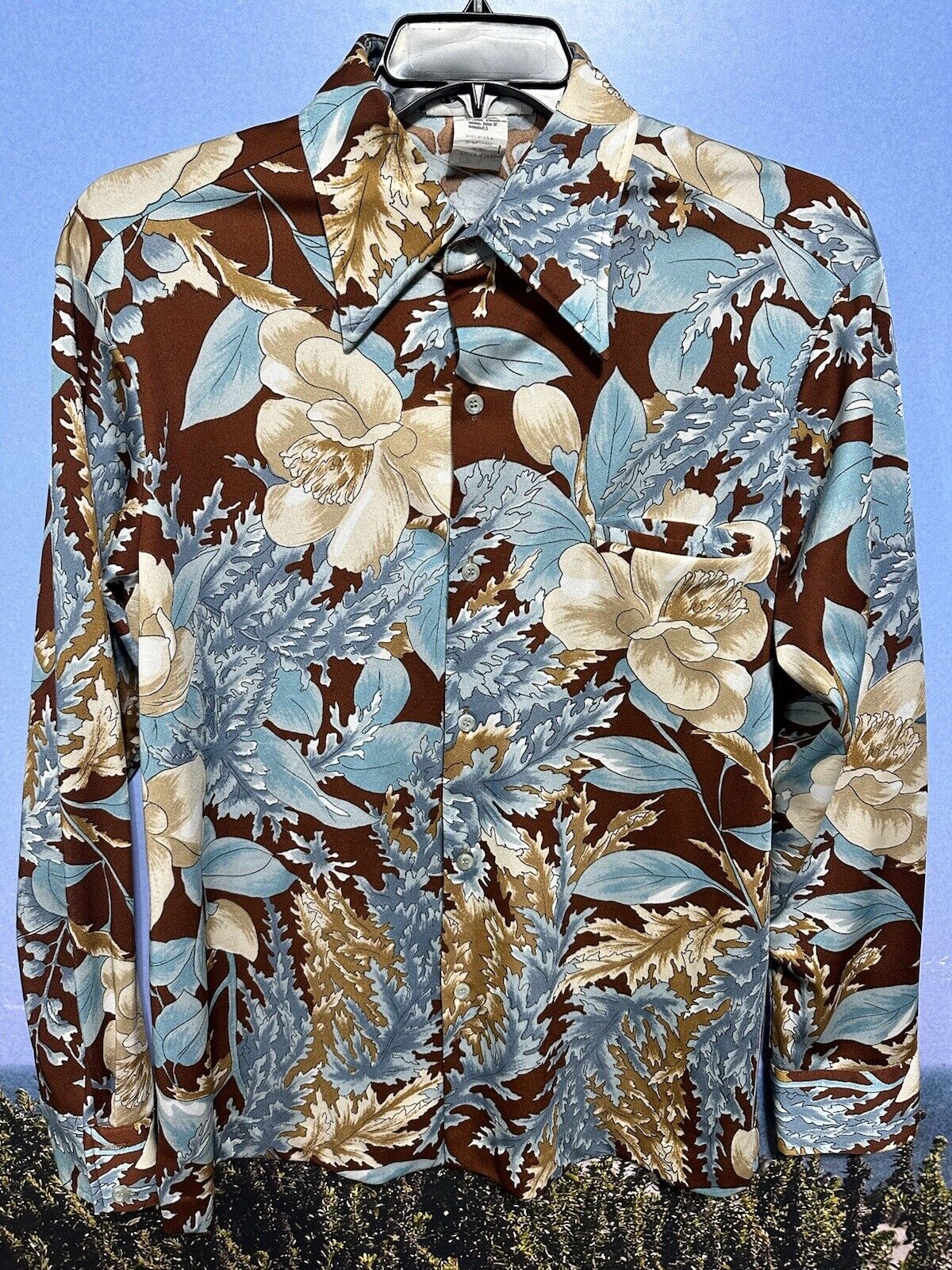 Tori Richard Tan LS Polyester Vintage 1960\'s Hawaiian Shirt Men\'s SZ L