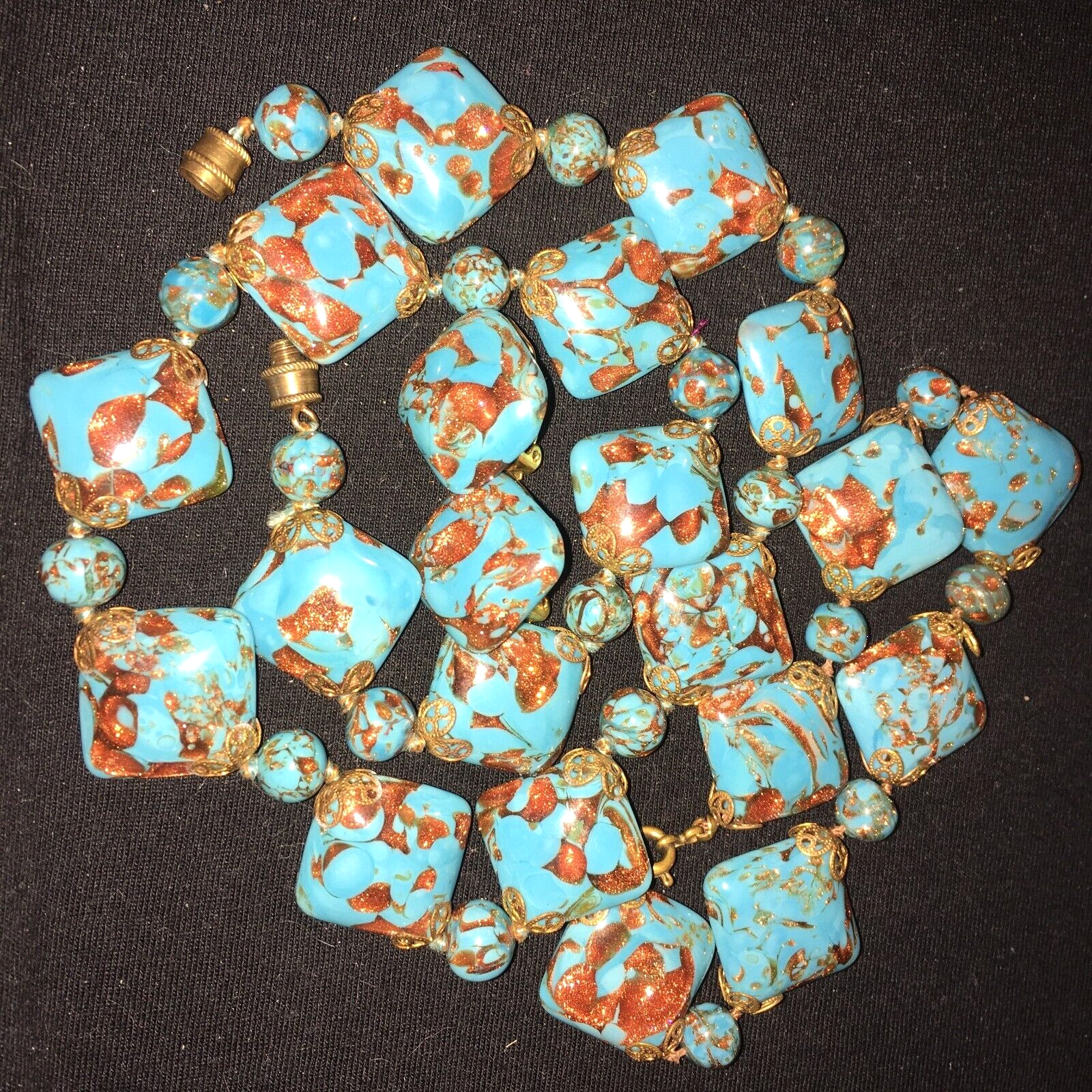 Vtg/Antq Parure/Set of Turquoise/copper foil murano venetian glass-pillow beads