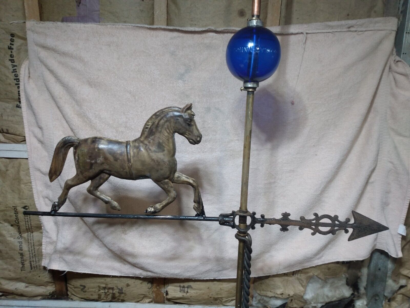 Antq. Hollow Trotting Horse Weather Vane With Shill-System Colbalt Blue Ball