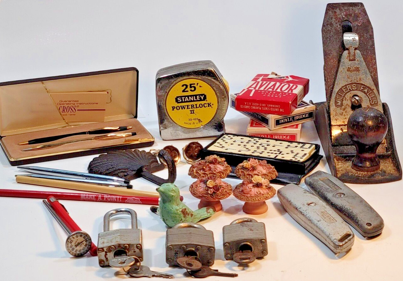 Vintage Junk Drawer Lot Cross Pens Millers Falls Plane Stanley Tape Master Lock