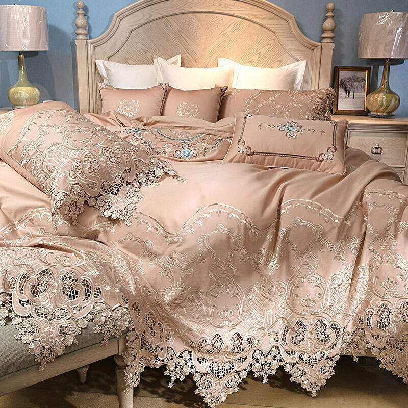 Bedding Set 6pcs Luxury 100s Pima Cotton Hollow Lace Quilt Cover Flat Sheet Set