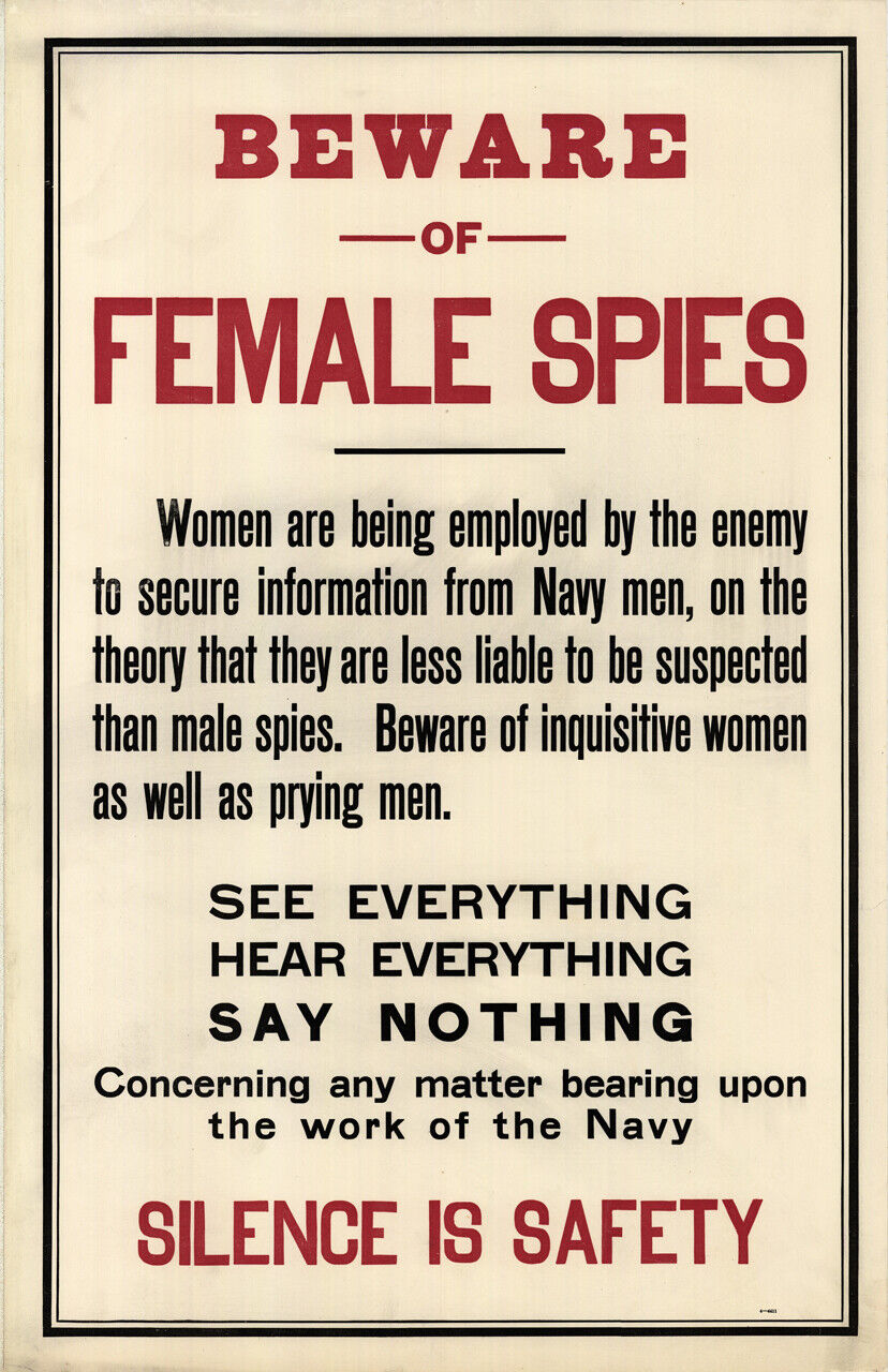 Beware of Female Spies Vintage World War Propaganda Poster 11x17