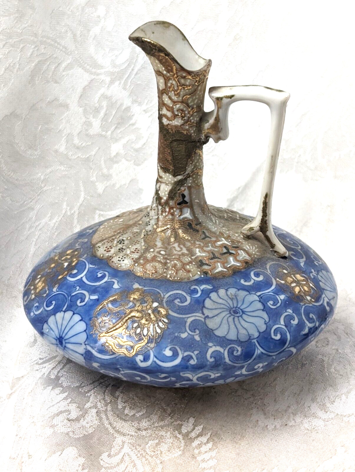 Japanese Meiji Porcelain Pitcher with Blue & Gold Decorations Nagoya