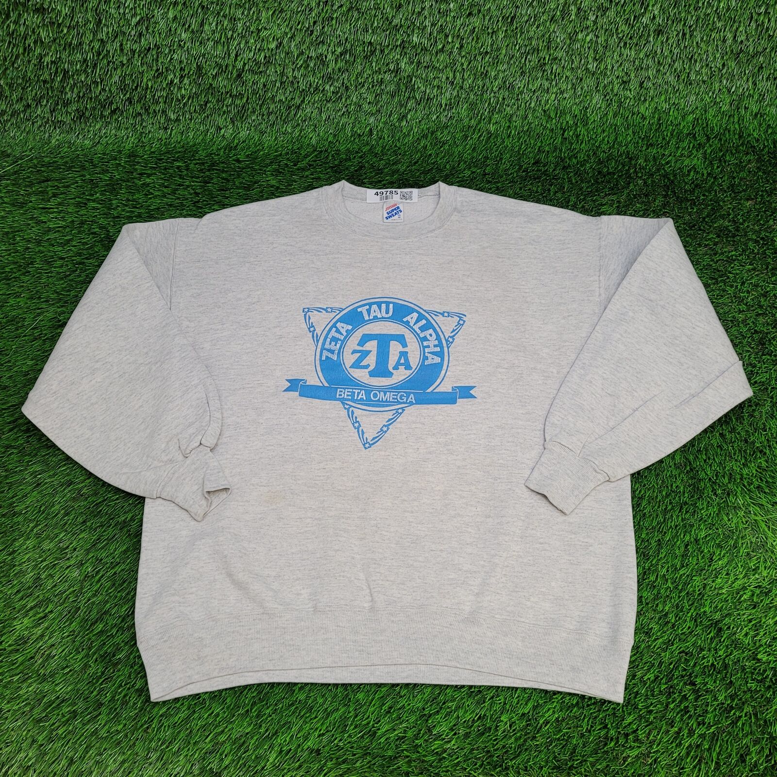 Vintage Zeta-Tau-Alpha Beta-Omega Fraternity Sweatshirt XL Gray Blue Spellout