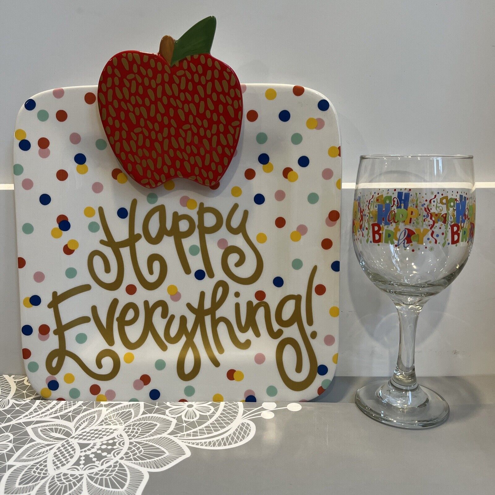 Happy Everything Dots Coton Colors 9.25 Square Plate including Mini & Wine Glass