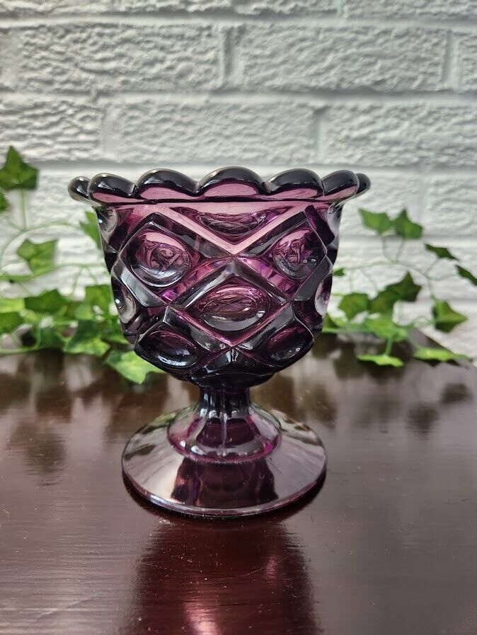 Vintage Mid-Century Viking Glass Footed Vase Amethyst Thumbprint Design